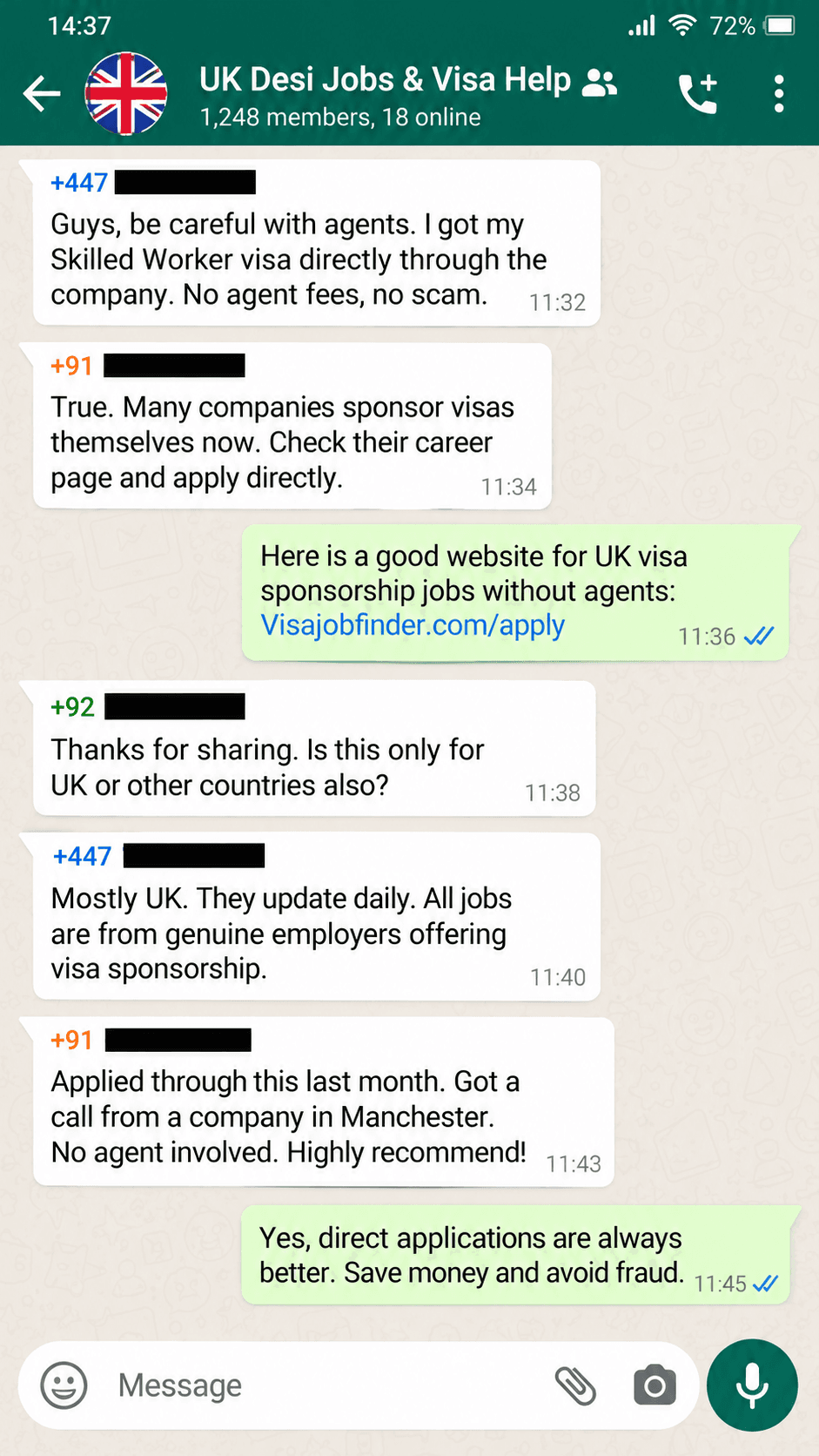 Screenshot from Hussain’s WhatsApp group chat about VisaJobFinder